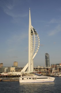England, Hampshire, Portsmouth, Spinnaker Tower and Gunwharf Quay shopping center seen from the