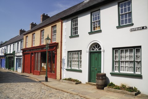 Ireland, County Tyrone, Omagh, Ulster American Folk Park 19th century street with Victorian