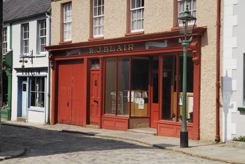 Ireland, County Tyrone, Omagh, Ulster American Folk Park 19th century street Blair stationers