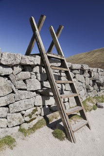 Ireland, County Down, Mourne Mountains, Typical stile over Mourne wall on Slieve Donard. Photo :