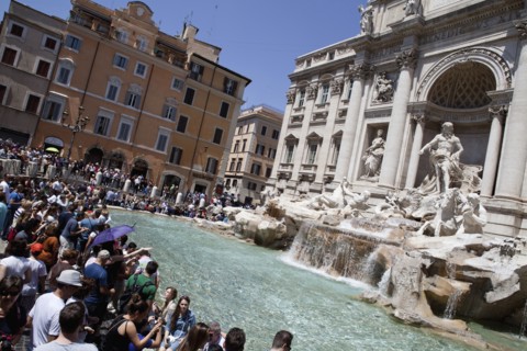 Italy, Lazio, Rome, Piazza di Trevi the baroque Trevi Fountain by Nicola Salvi 1762 against the
