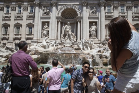 Italy, Lazio, Rome, Piazza di Trevi the baroque Trevi Fountain by Nicola Salvi 1762 against the