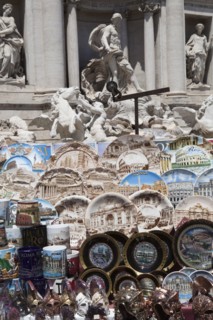 Italy, Lazio, Rome, Display of tourist souvenir gifts beside the baroque Trevi Fountain by Nicola