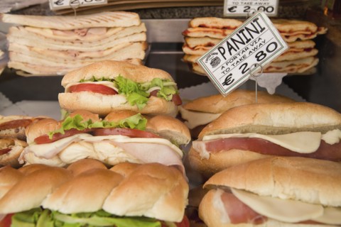 Italy, Lazio, Rome, Display of panini and pizza for sale. Photo : Bennett Dean