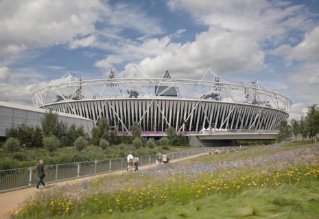 England, London, Stratford View of the 2012 Olympic Stadium with meadow planting in the foreground.