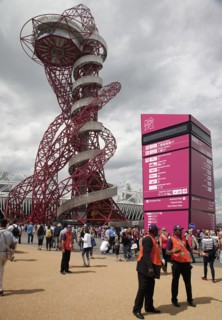 England, London, Stratford Olympic Park View of the ArcelorMittal Orbit designed by Anish Kapoor