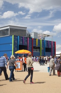 England, London, Stratford Olympic Park View of the BBC Studio complex made from shipping