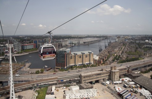 England, London, View from Emirates Airline cable car with the ExCel Arena visible. Photo : Adina