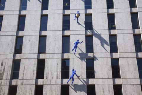 England, London, Borough High street buidling with sculptures called Blue Men by Ofra Zimbalista