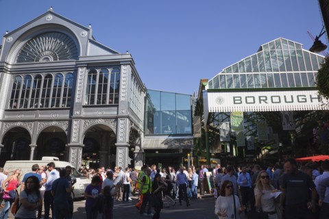 England, London, Borough Market Londons oldest fresh fruit and vegetable market people outside the