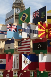 England, London, Parliament Square Sculpture containing flags of competing Olympic nations with Big