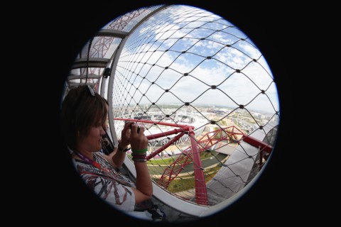 England, London, Stratford Fisheye view over the Olympic park from Anish Kapoors Orbit sculpture.