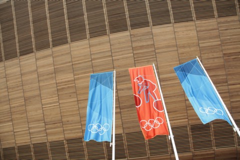 England, London, Stratford Olympic Park Exterior of the wood clad Velodrome arena. Photo : Sean