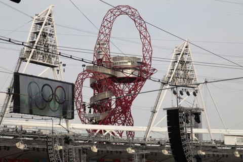 England, London, Stratford Olympic Park Detail of the Orbit by Anish Kapoor seen from within the