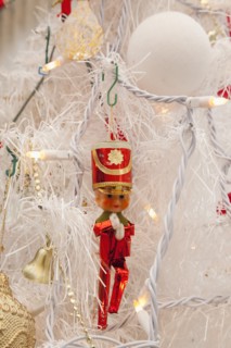 Festivals, Religious, Christmas, Detail of tree decorated with lights tinsel and various baubles.