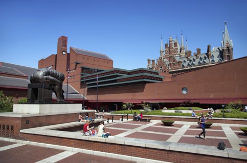 England, London, View of the British Library showing Eduardo Paolozz sculpture Euston Road. 
Photo