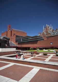 England, London, View of the British Library showing Eduardo Paolozz sculpture Euston Road. 
Photo