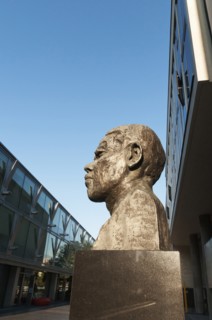 A sculpture of Nelson Mandela's head located outside the Royal Festival Hall, on London's South Bank celebrates the 70th anniversary of the African National Congress (ANC).