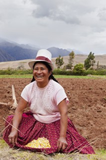 Peru, Chinchero, Peruvian female farmer showing the corn that she is planting. 
Photo Richard