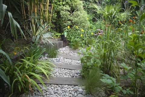 Plants, Garden, Urban garden with pebble path and railway sleepers. 
Photo Zhale Naoka Gibbs / Eye