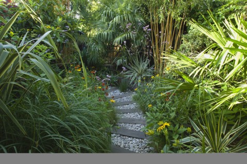 Plants, Garden, Urban garden with pebble path and railway sleepers. 
Photo Zhale Naoka Gibbs / Eye