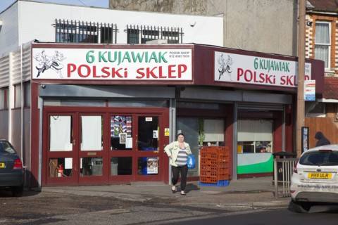 England, West Sussex, Bognor Regis, Exterior of Polish delicatessen. 
Photo Stephen Rafferty / Eye