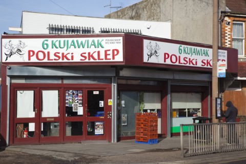 England, West Sussex, Bognor Regis, Exterior of Polish delicatessen. . 
Photo Stephen Rafferty /