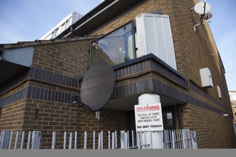 England, West Sussex, Bognor Regis, Satelite dishes on exterior of flats. 
Photo Stephen Rafferty