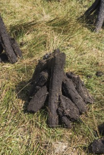Ireland, County Sligo, Sligo, Peat stacks below Ben Wisken Mountain. 
Photo Hugh Rooney / Eye