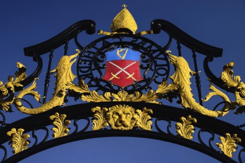 Ireland, North, Derry, St Columb's Cathedral, Ornate gateway detail with coat of arms. 
Photo Hugh