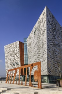 Ireland, North, Belfast, Titanic Quarter  Titanic Belfast Visitor Experience  General angular view of the building with Titanic sign outside.