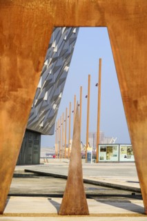 Ireland, North, Belfast, Titanic Quarter  Titanic Belfast Visitor Experience  Vista through Titanic sign.
