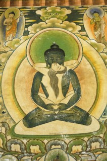 Bhutan, Lhuentse Dzong, Erotic mandala of Tshokey Dorji in the entrance to the Monastery. . 
Photo