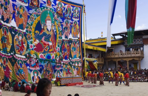 Bhutan, Gangtey Gompa, Thongdroel religious tapestry hanging from wall at the inauguration of new