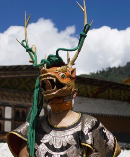Bhutan, Bumthang District, Tamshing Lhakang, Masked dancer at Tsecchu. 
Photo Nic I'Anson