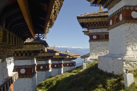 Bhutan, Dochu La, Chortens to commemorate victory of the 4th King in battle near Thimphu. 
Photo
