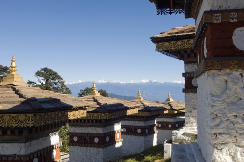Bhutan, Dochu La, Chortens to commemorate victory of the 4th King in battle near Thimphu. 
Photo