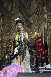 Music, Strings, Guitars, Shingai Shoniwa of the Noisettes playing bass at Guilfest 2011.