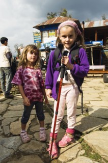 Nepal, Himalayas, Pokhara, Young English girls trekking in Nepali Himalayan hills near Pokhara.
