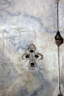 Turkey, Istanbul, Fatih, Sultanahmet, Haghia Sofia interior, cross carved into the marble. 
Photo