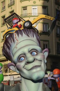 Spain, Valencia Province, Valencia, Papier Mache figure in the street during Las Fallas festival,