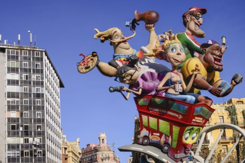 Spain, Valencia Province, Valencia, Las Fallas scene with Papier Mache figures on a Bus Turistic in