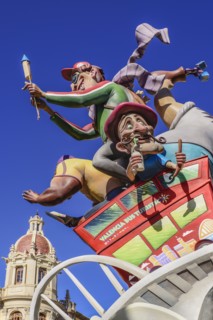 Spain, Valencia Province, Valencia, Las Fallas scene with Papier Mache figures on a Bus Turistic in