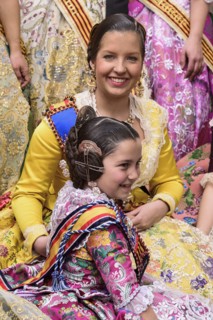 Spain, Valencia Province, Valencia, Reina Fallera in traditional Valencian costume taking a break