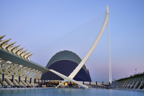 Spain, Valencia Province, Valencia, La Ciudad de las Artes y las Ciencias  City of Arts and Sciences  Principe Felipe Science Museum  El Pont de lAssut de lOr Bridge and Agora.