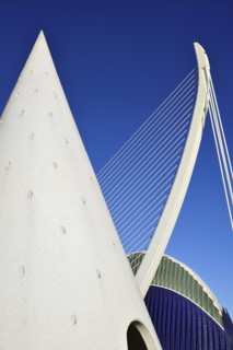Spain, Valencia Province, Valencia, La Ciudad de las Artes y las Ciencias  City of Arts and Sciences  El Pont de lAssut de lOrr Bridge and Agora with lift from Umbracle car park in foreground.