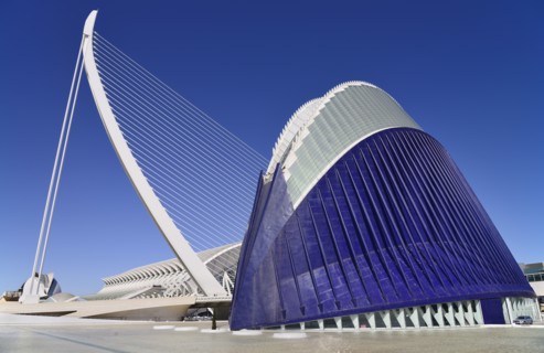 Spain, Valencia Province, Valencia, La Ciudad de las Artes y las Ciencias  City of Arts and Sciences  Principe Felipe Science Museum framed by El Pont de lAssut de lOr with the Agora in foreground.