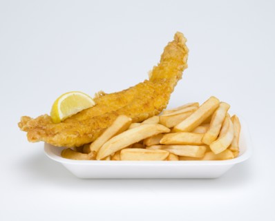 Food, Cooked, Fish, A portion of battered deep fried cod with a slice of lemon and potato chips