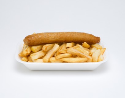 Food, Cooked, Meat, Fried pork sausage and potato chips