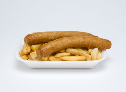 Food, Cooked, Meat, Two fried pork sausages and potato chips